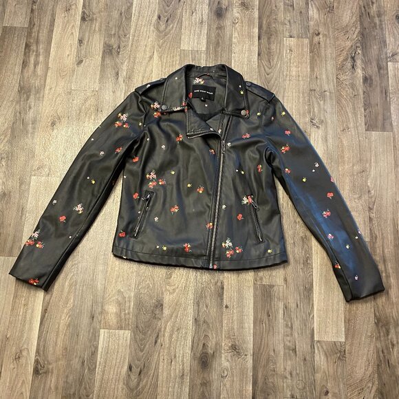 Who What Wear Faux Leather Jacket Floral Asymmetric Zip Size Small - Picture 1 of 7